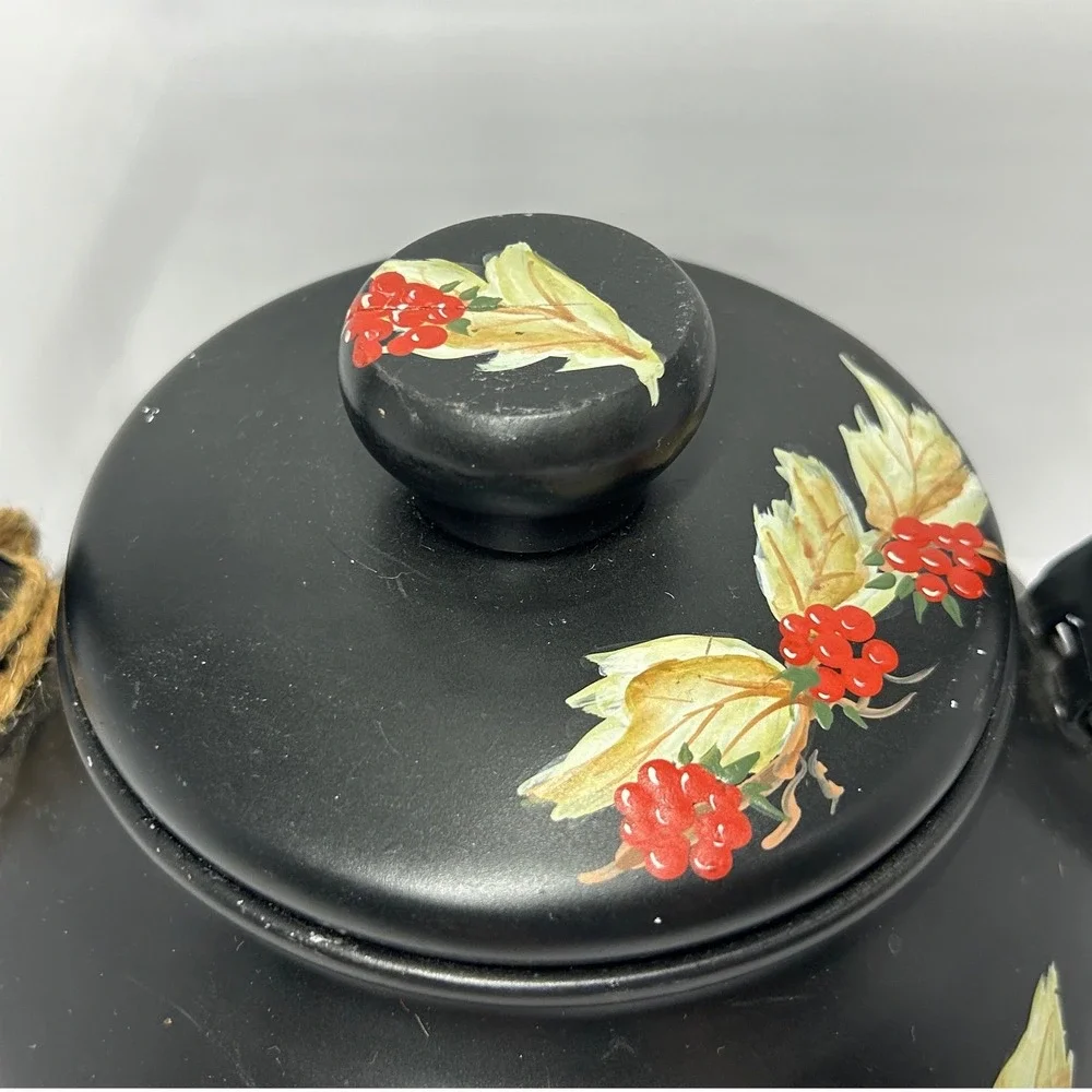 Hand Painted Matte‎ Black Tea Kettle Bird and Red Berries Decorative Farmhouse
